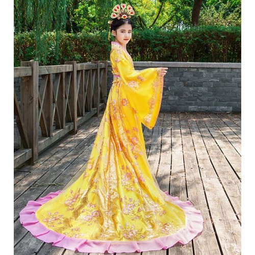 Children's Chinese ancient queen trailing dresses fairy cosplay hanfu Princess palace ancient clothes model stage show performance robes costumes
